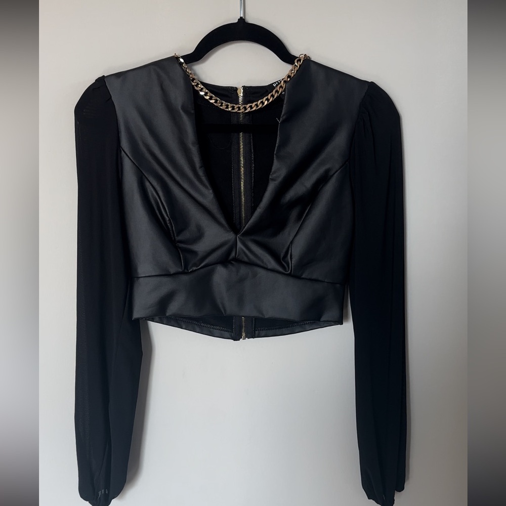 Small Black Cropped Long Sleeve Pleather Top from Privy